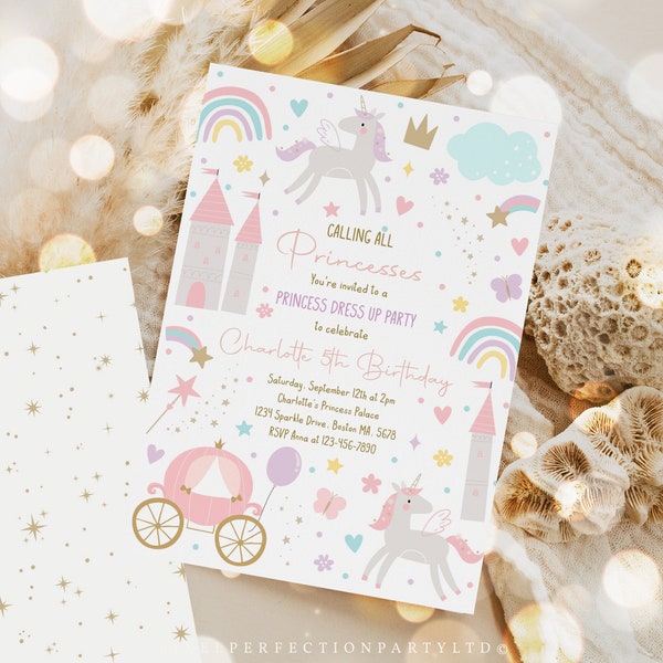 Editable Princess Birthday Party Invitation Magical Princess Dress Up Birthday Pink And Gold Whimsical Fairytale Party Instant Download T5U