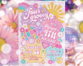 Editable Four Ever Groovy 4th Birthday Party Invitation Rainbow Sunshine Peace Love Party Groovy Hippie Birthday Party Instant Download E5T