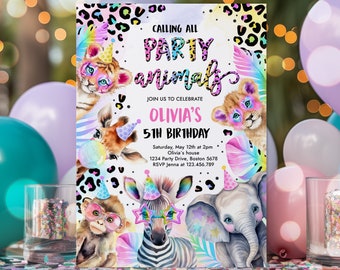 Editable Party Animals Birthday Invitation Pastel Rainbow Cheetah Print Leopard Print Wild Safari Animals Birthday Party Invite Download XQ