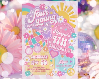 Editable Four Ever Young 4th Birthday Party Invitation Rainbow Sunshine Peace Love Party Groovy Hippie Birthday Party Instant Download E5T