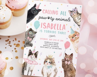 Editable Calling All Paw-ty Animals Kitten Birthday Party Invitation Cat Birthday Party Let's Pawty Kitty Cat Party Instant Download KL