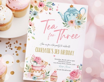 Editable Tea For Three Birthday Invitation Tea For Three 3rd Birthday Party Pink Gold Floral Whimsical Tea Party Instant Download 48