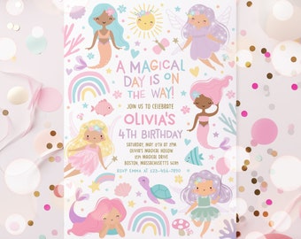 Editable Mermaid And Fairy Birthday Invitation Whimsical Enchanted Mermaid Fairy Party Magical Princess Party Instant Download Editable FO