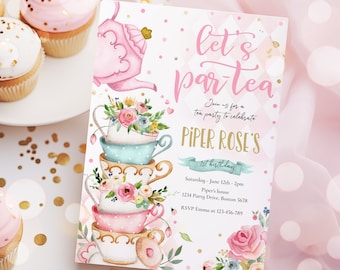 Editable Tea Party Birthday Invitation Pink & Gold Floral Par-Tea Birthday Invite Pink Gold Floral Whimsical Tea Party Instant Download TR