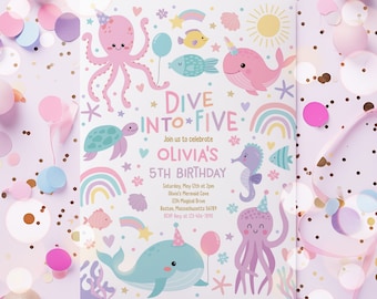 Editable Dive Into Five 5th Birthday Party Invitation Cute Sea Creatures 2nd Birthday Turtle Whale Narwhal Party Instant Download SR4