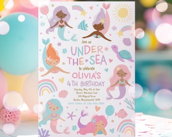 Editable Mermaid Birthday Party Invitation Cute Whimsical Mermaid Under The Sea Birthday Party Girly Mermaid Party Instant Download S4