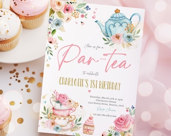 Editable Tea Party Birthday Invitation Pink & Gold Floral Par-Tea Birthday Invite Pink Gold Floral Whimsical Tea Party Instant Download 48