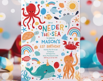 Editable Oneder The Sea 1st Birthday Party Invitation Cute Sea Creatures 1st Birthday Turtle Whale Octopus Party Instant Download SR3