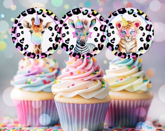 Safari Party Animal Cupcake Toppers Rainbow Safari Stickers Tags Toppers Cheetah Leopard Print Safari Animals Party Decorations Download XQ