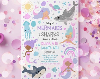Editable Mermaid And Shark Birthday Party Invitation Sibling Mermaid & Shark Party Sibling Joint Mermaid Shark Party Instant Download SX