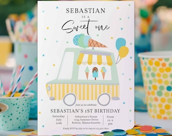 Editable Ice Cream Truck Birthday Party Invitation Boy Ice Cream Sweet One 1st Birthday Party Sweet One Ice Cream Party Instant Download YQ