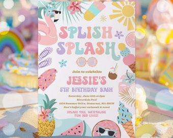 Editable Tropical Splish Splash Water Birthday Party Invitation Girly Splash Pad Water Slide Paddling Pool Summer Party Instant Download FK