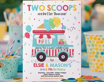 Editable Ice Cream Truck Twin Birthday Invitation Twin Ice Cream Birthday Invitation Two Scoops Are Better Than One Instant Download AQ2