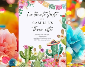 Editable Fiesta Birthday Party Invitation Three-esta 3rd Birthday No Time To Siesta Let's Fiesta Watercolor Cactus Party Instant Download GE