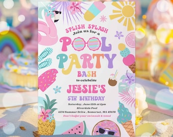 Editable Pool Party Invitation Tropical Splish Splash Girly Pool Party Invitation Summer Swimming Pool Splash Pad Party Instant Download 4RE