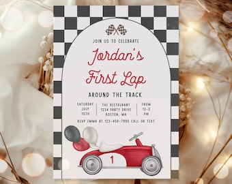 May include: A red and white race car party invitation with a checkered background. The invitation says "Join us to celebrate Jordan's First Lap Around the Track". The invitation also includes the date, time, and location of the party.