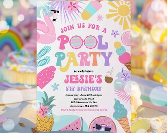 Editable Pool Party Invitation Tropical Splish Splash Girly Pool Party Invitation Summer Swimming Pool Splash Pad Party Instant Download 4RE