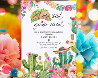 Editable Taco 'Bout A Gender Reveal Party Fiesta He Or She-Esta Invitation Taco Gender Reveal Party Cactus Shower Instant Download GE