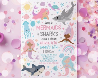 Editable Mermaid And Shark Birthday Party Invitation Sibling Mermaid & Shark Party Sibling Joint Mermaid Shark Party Instant Download S4