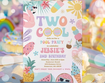 Editable Two Cool Birthday Party Invitation Tropical Splish Splash Summer Girly 2nd Birthday Party Pool Party Birthday Instant Download FK