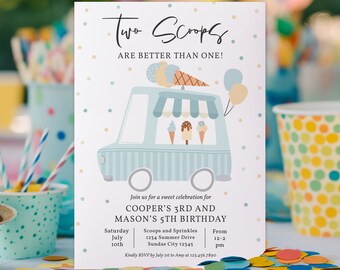 Editable Ice Cream Twin Birthday Invitation Twin Ice Cream Truck Birthday Invitation Two Scoops Are Better Than One Instant Download YQ