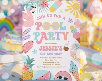 Editable Pool Party Invitation Tropical Splish Splash Girly Pool Party Invitation Summer Swimming Pool Splash Pad Party Instant Download FK