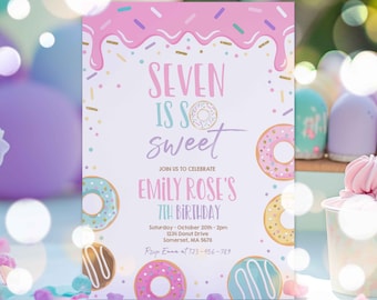 Editable Donut Seven Is Sweet Birthday Invitation Girl Donut 7th Birthday Party Pink Donut Birthday Party Instant Download Editable Corjl E2
