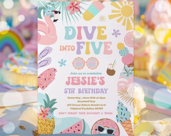 Editable Dive Into Five 5th Birthday Party Invitation Tropical Summer Splish Splash Girly Pool Birthday Party Instant Download FK