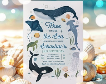 Editable Three Under the Sea 3rd Birthday Party Invitation Whale Turtle Shark Sea Life 1st Birthday Party Instant Download Editable HS3