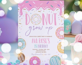 Editable Donut Grow Up Birthday Invitation Pink Pastel Donut Grown Up Party Invitation Donut 1st Birthday Party Instant Download E2
