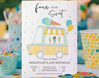 May include: A colourful invitation for a 4th birthday party with an ice cream van theme. The invitation features a cartoon ice cream van with a yellow and white striped awning and a variety of ice cream cones and popsicles. The text on the invitation reads "four EVER Sweet" and "Sebastian's 4th Birthday".