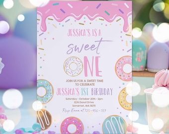 Editable Donut Sweet One Birthday Invitation Girl Donut 1st Birthday Party Pink Pastel Donut Birthday Party Sweet One Instant Download E2