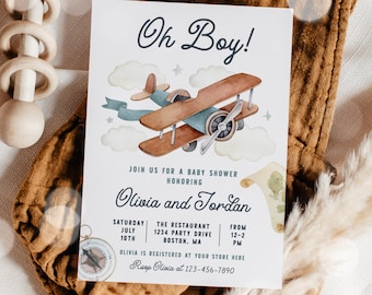 Editable Airplane Baby Shower Invitation Up Up and Away Airplane Baby Shower Vintage Travel Adventure Baby Shower Instant Download 96Y