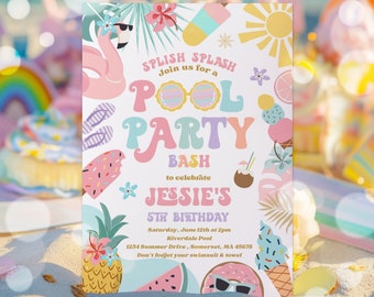 Editable Pool Party Invitation Tropical Splish Splash Girly Pool Party Invitation Summer Swimming Pool Splash Pad Party Instant Download FK