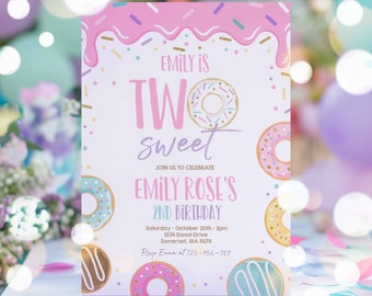 Editable Two Sweet Donut Birthday Party Invitation Pink Pastel Donut Two Sweet 2nd Birthday Donut 2nd Birthday Party Instant Download E2