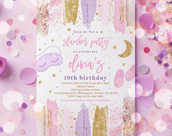 Editable Slumber Birthday Party Invitation Sleepover Birthday Party Invitation Pink & Gold Spa Tween Teen Birthday Party Instant Download K7