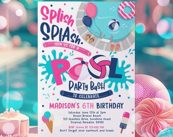 Editable Volleyball Pool Party Birthday Invitation Girl Summer Volleyball Beach Birthday Pool Beach BBQ Birthday Party Instant Download T3Y