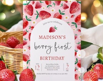 Editable Strawberry 1st Birthday Invitation Berry First Birthday Invitation Summer Berries 1st Birthday Berry Sweet Instant Download WU8