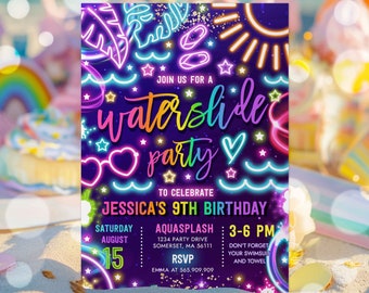 Editable Water Slide Birthday Party Invitation Glow Neon Summer Water Slide Splash Pad Water Park Birthday Party Invite Instant Download TX