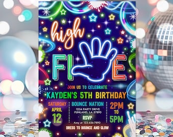 Editable High Five Birthday Party Invitation Neon Glow High Five Hi Five 5th Birthday Party Boys 5th Birthday Party Instant Download H47