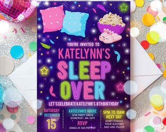 Editable Sleepover Invitation Slumber Party Invitation Sleepover Birthday Invitation Pajama Party Neon Glow Sleepover Party  Instant File GN