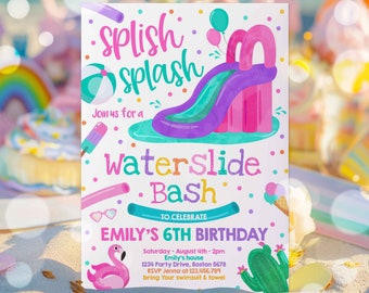 Editable Waterslide Birthday Party Invitation Water Slide Bash Summer Pool Party Girly Pink Pool Party BBQ Pool Party Instant Download AR