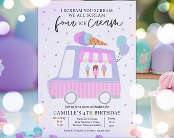 Editable I scream You Scream We All Scream Four Ice Cream 4th Birthday Party Invitation Ice Cream Truck Party Invite Instant Download Y32