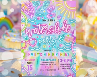 Editable Water Slide Birthday Party Invitation Glow Neon Tie Dye Summer Water Slide Splash Pad Water Park Birthday Party Instant Download Y3