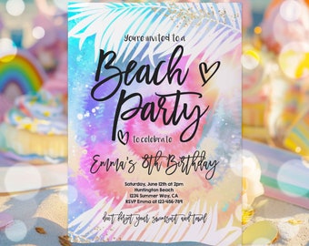 Editable Beach Party Invitation Girly Tie Dye Beach Party Invitation Beach Birthday Party Summer Swimming Beach Party Instant Download RK