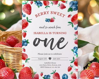 Editable Strawberry & Blueberry 1st Birthday Invitation Berry Sweet Birthday Summer Fruit Berries 1st Birthday Party Instant Download VC