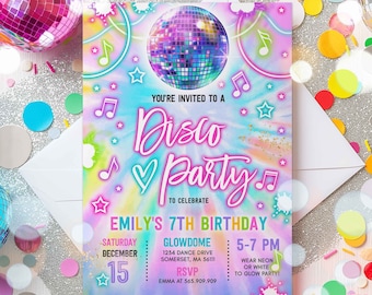May include: A colorful invitation for a disco party to celebrate Emily's 7th birthday. The invitation features a disco ball, music notes, and stars on a tie-dye background. The text reads "You're invited to a Disco Party to celebrate Emily's 7th Birthday". The party is on Saturday, December 15th from 5-7 PM at Glowdome, 1234 Dance Drive, Somerset, MA 56111. RSVP to Emma at 565.909.909. Wear neon or white to glow party!