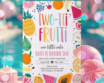 Editable Two-tti Frutti Birthday Invitation Two-tti Frutti 2nd Birthday Tutti Frutti Tropical Summer Party Fruit Party Instant Download FY