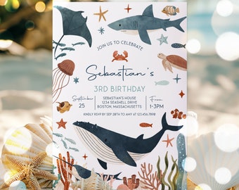Editable Under the Sea 1st Birthday Party Invitation Whale Turtle Shark Jellyfish Sea Life 1st Birthday Party Instant Download Editable J9