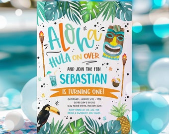 Editable Hawaiian Luau Birthday Invitation Pineapple Luau Birthday Tropical Palm Leaves Toucan Hawaiian Luau Pool Party Instant download CY